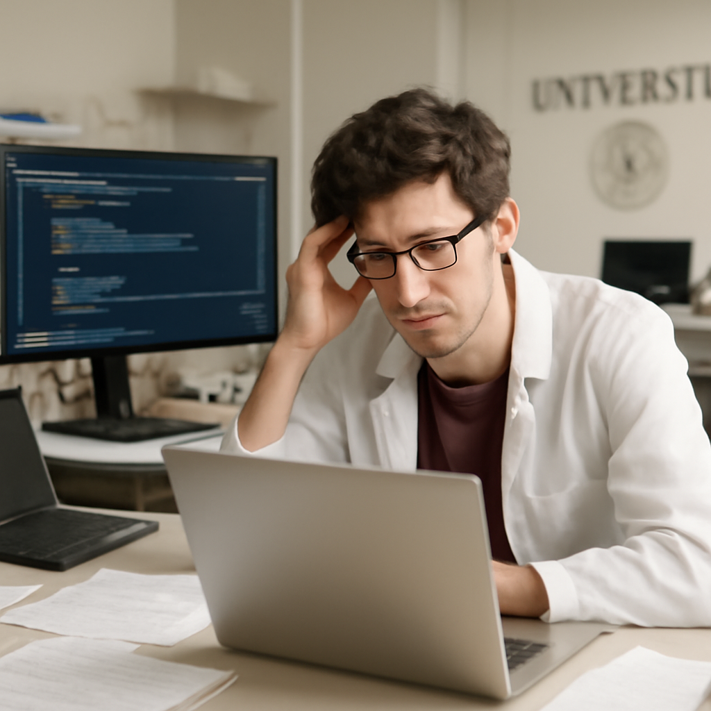 Researcher looks concerned while examining laptop screen amidst coding tools and notes.