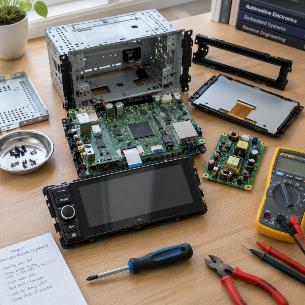 Disassembled car head unit with exposed components and circuit boards on a workbench surrounded by reverse-engineering tools.