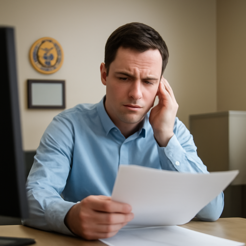Concerned person in office setting handles customer inquiry near computer.