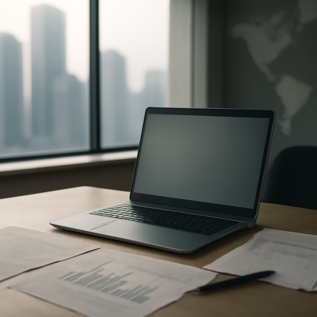 Modern office setting with laptop and papers on a desk, blurred cityscape visible through large window.