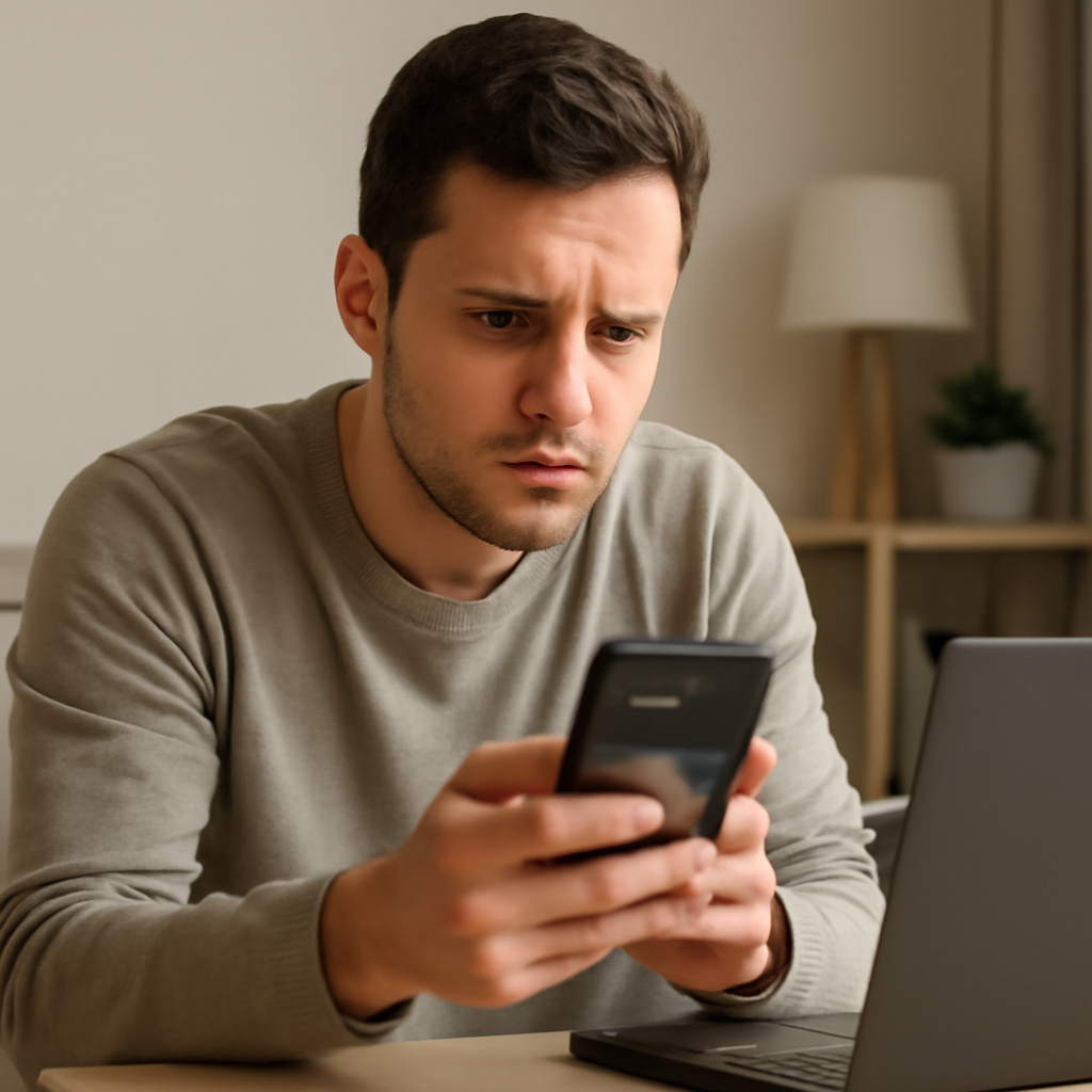 Person looks concerned at smartphone with laptop nearby, text message conversation visible.