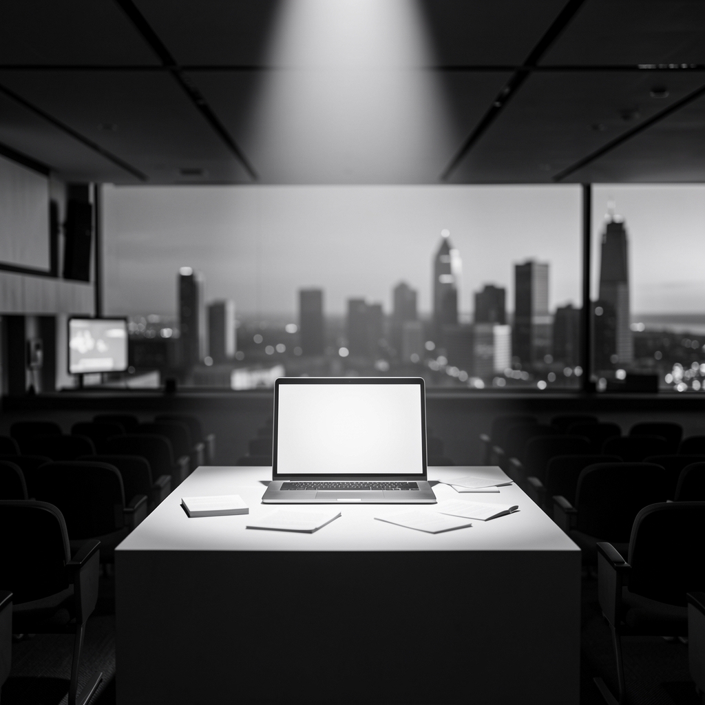 Spotlight shines on minimalist podium with glowing laptop in empty auditorium.
