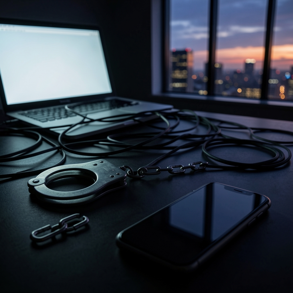 Handcuffs and broken chain link symbolize takedown of malicious network amidst scattered cables and laptop glow.