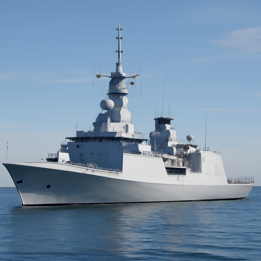 Modern frigate at anchor with visible radar and missile systems.