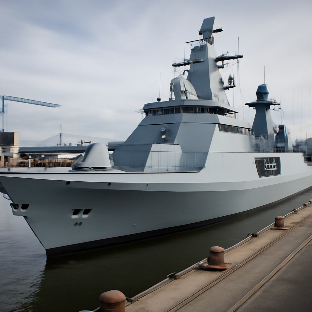 Modern guided-missile frigate with sleek design and advanced radar systems in a dockside setting.