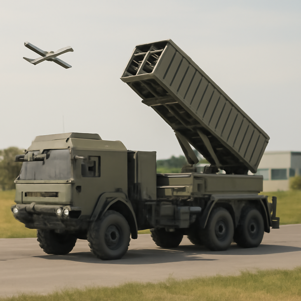 Rheinmetall HX-series truck with Containerized Missile Launcher on its bed at a testing range.