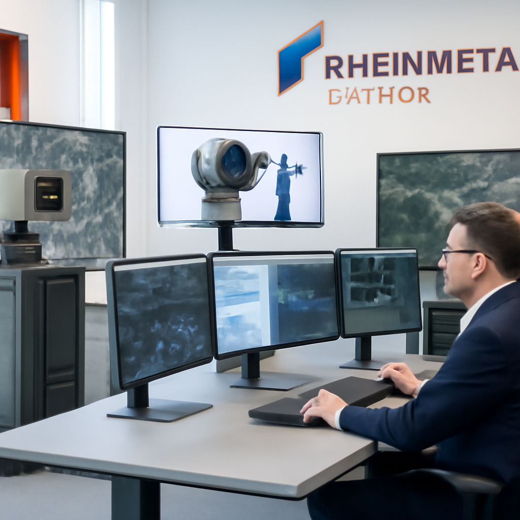 Modern German defense facility with spatial intelligence equipment and analysts at work.