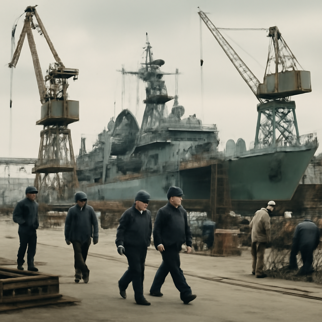Naval dockyard scene with warship under construction and workers in foreground.