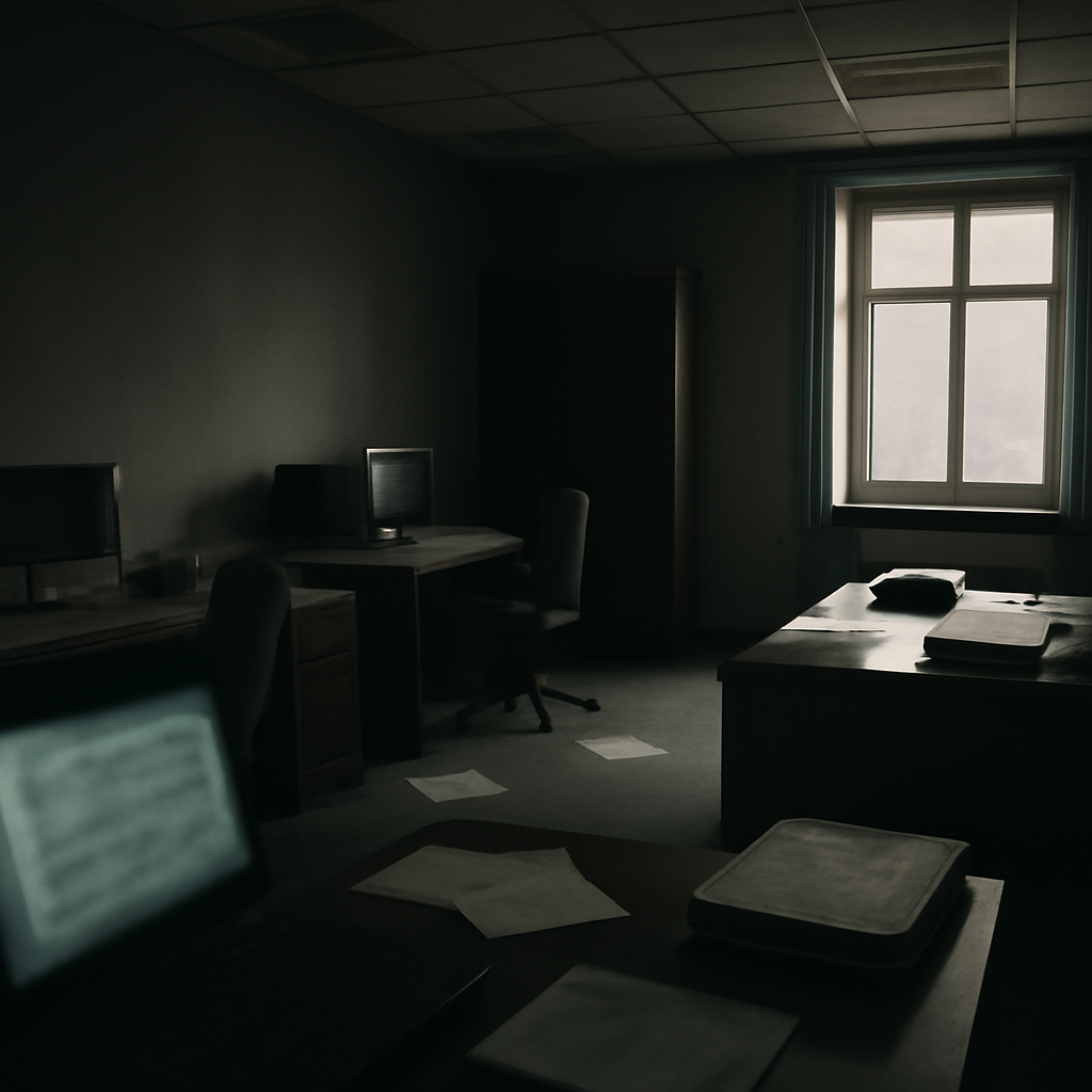 Dimly lit Berlin government office interior with scattered papers and computer terminals.
