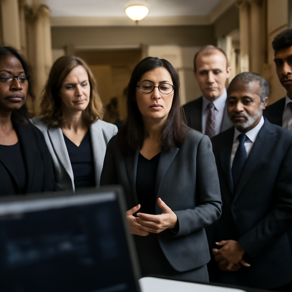 Rights groups gather in a government building, discussing concerns over AI technology.