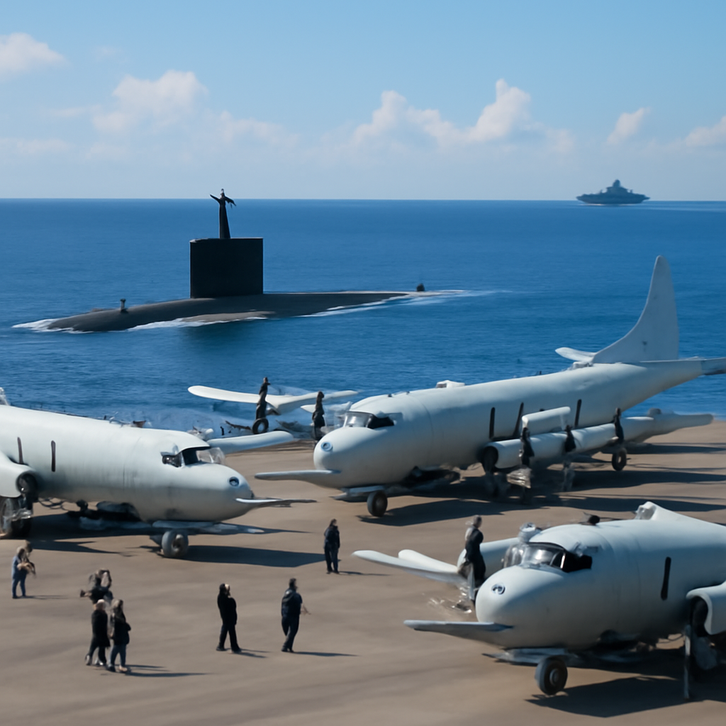 Submarine underway in open ocean with aircraft carrier in distance, naval base with anti-submarine aircraft and personnel…
