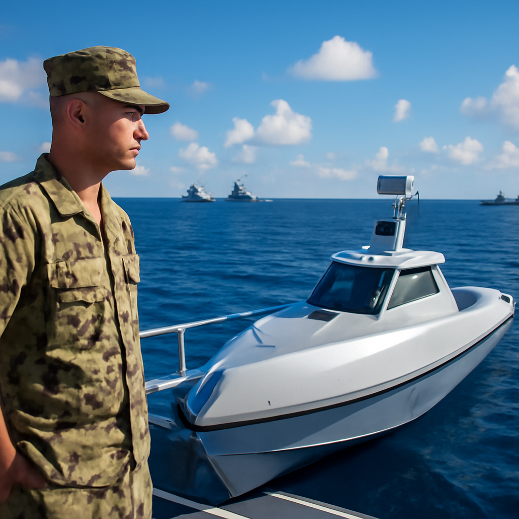 US military personnel stand beside a futuristic uncrewed system on a ship's deck with warships and submarines in the…