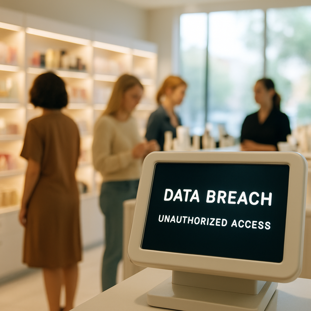 Blurred terminal in cosmetics store with customers in background, hinting at data breach.