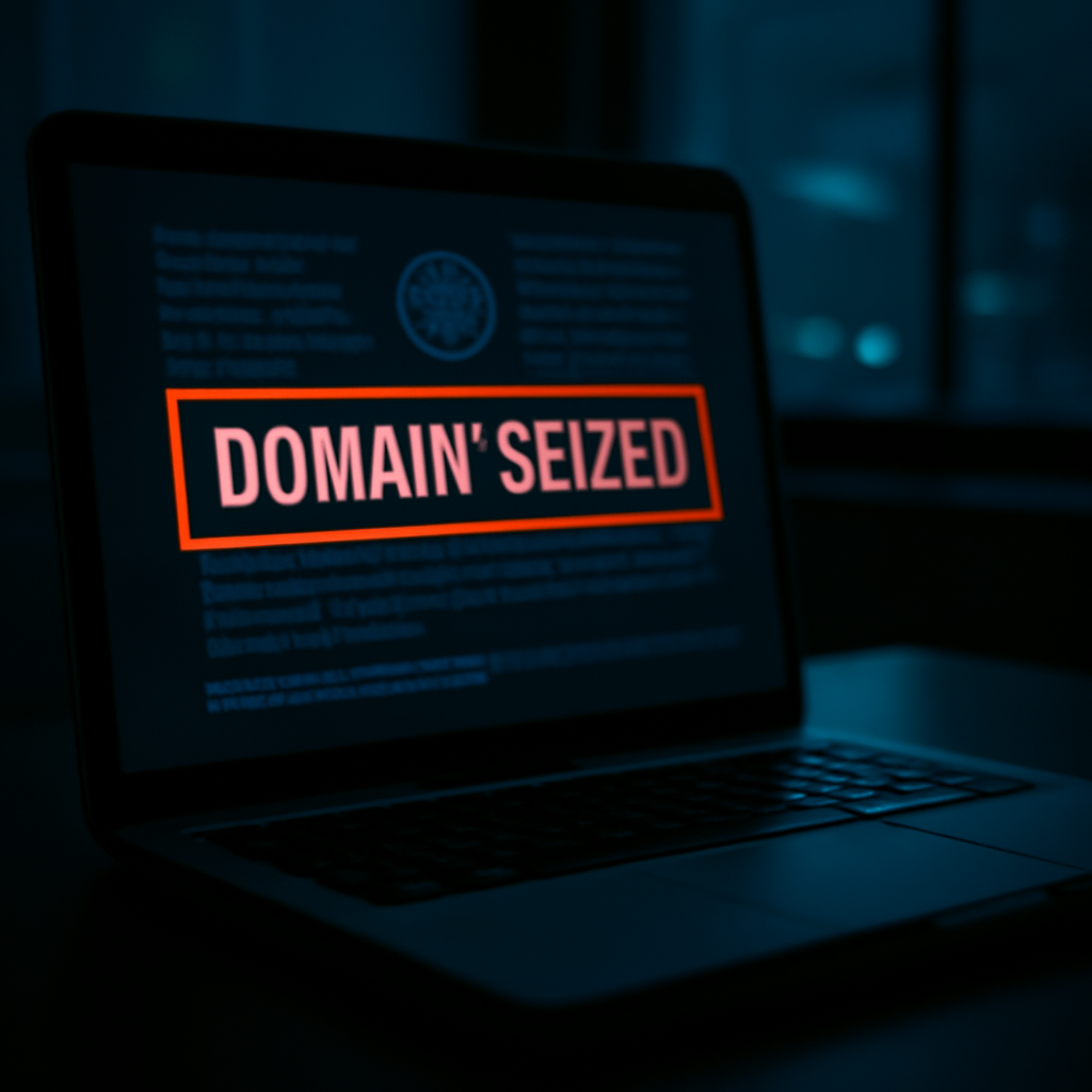 Dark-web setting with defaced webpage and seized domain banner on screen.