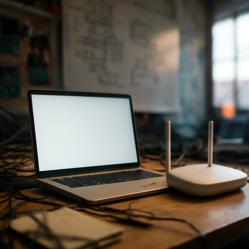 Cluttered startup office workstation with laptop, router, and technical equipment.