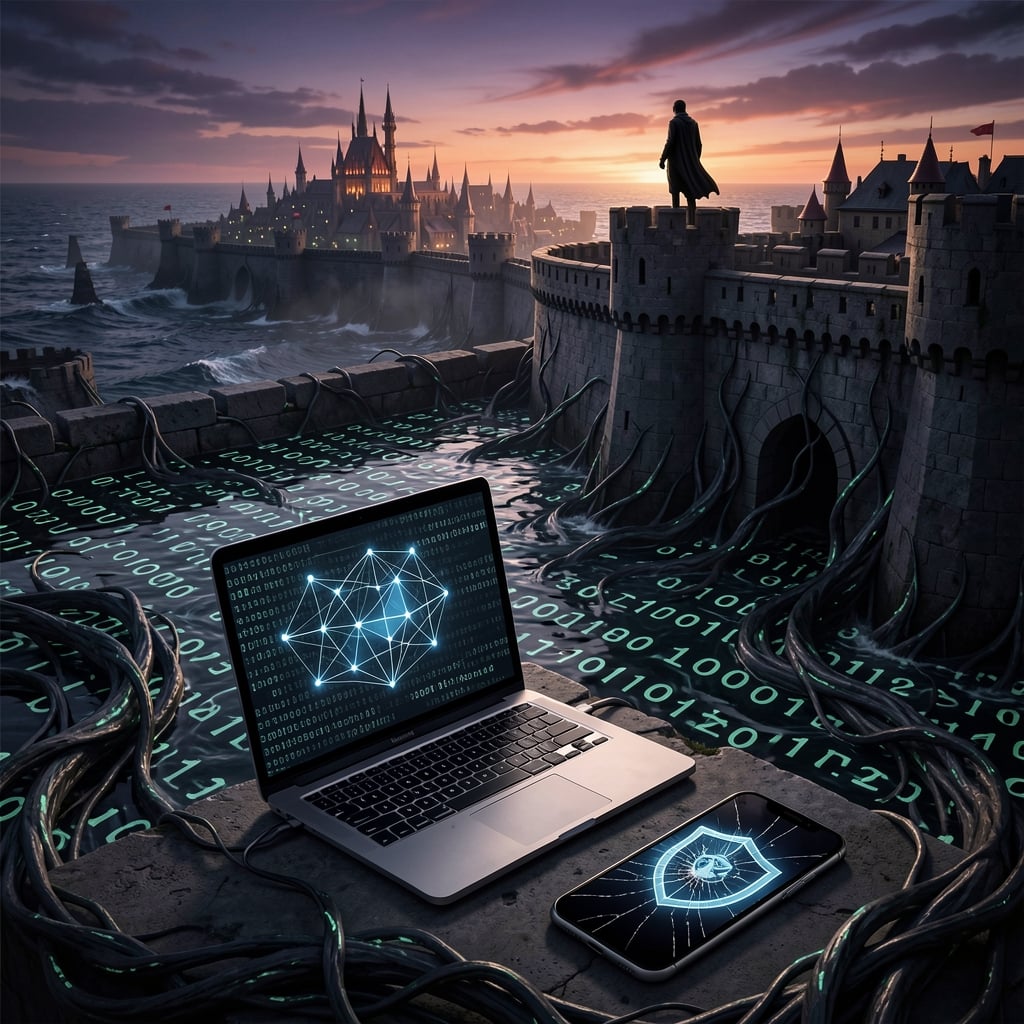 Fortress-like cityscape at dusk with laptop and shield emblem, surrounded by ominous code-like tendrils and a cracked…