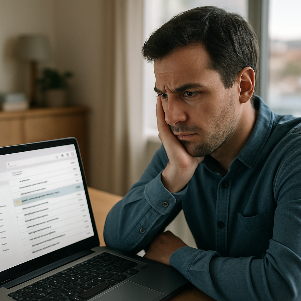 Person sitting at laptop with concerned expression, surrounded by home environment, looking at suspicious email on screen.