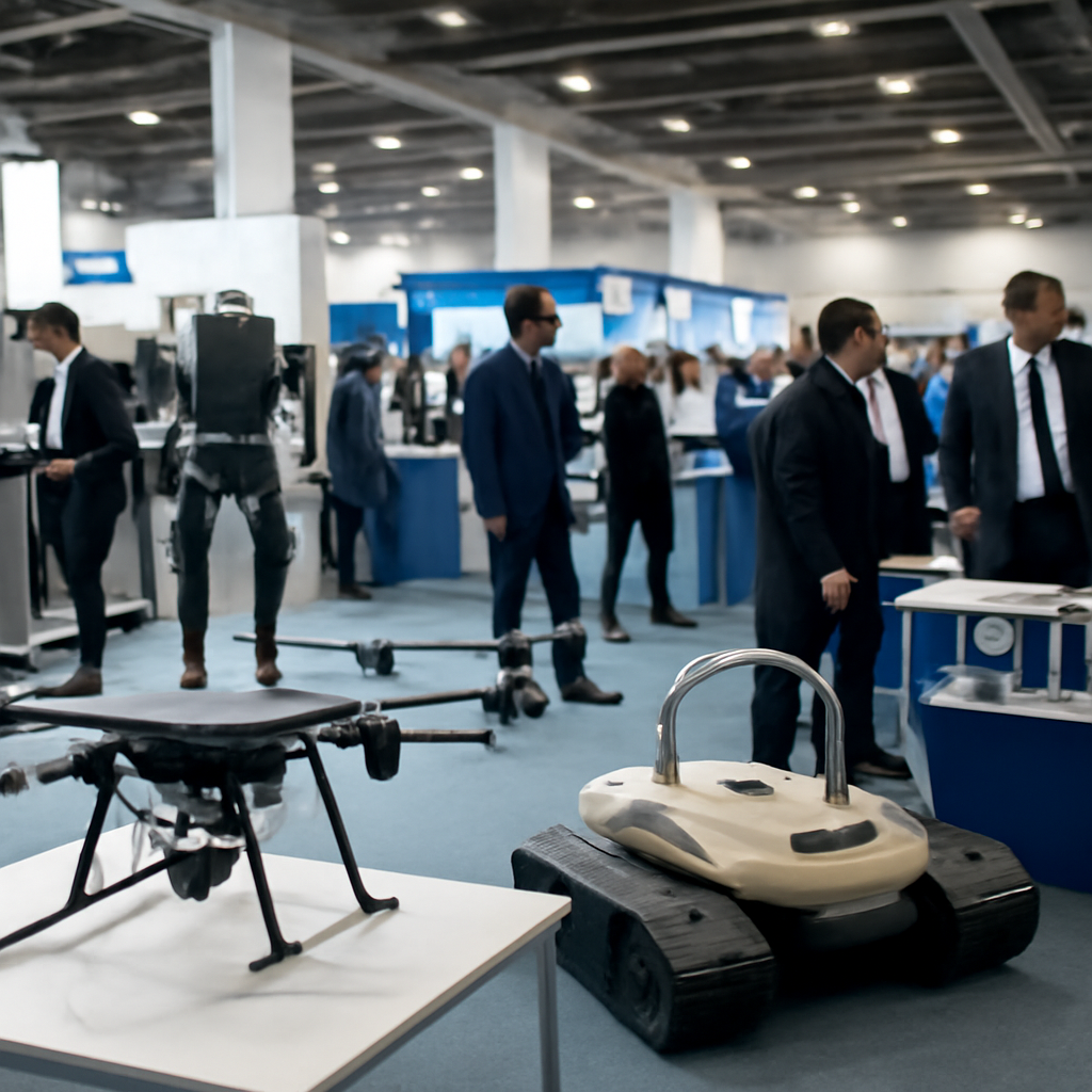 Drones and robots on display at a trade show with attendees in the background.