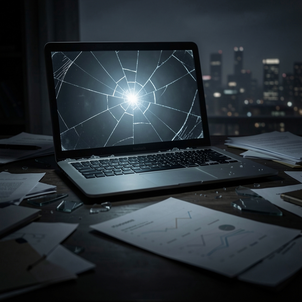 Shattered laptop screen with eerie glow amidst scattered papers and broken glass, symbolizing sensitive data breach.