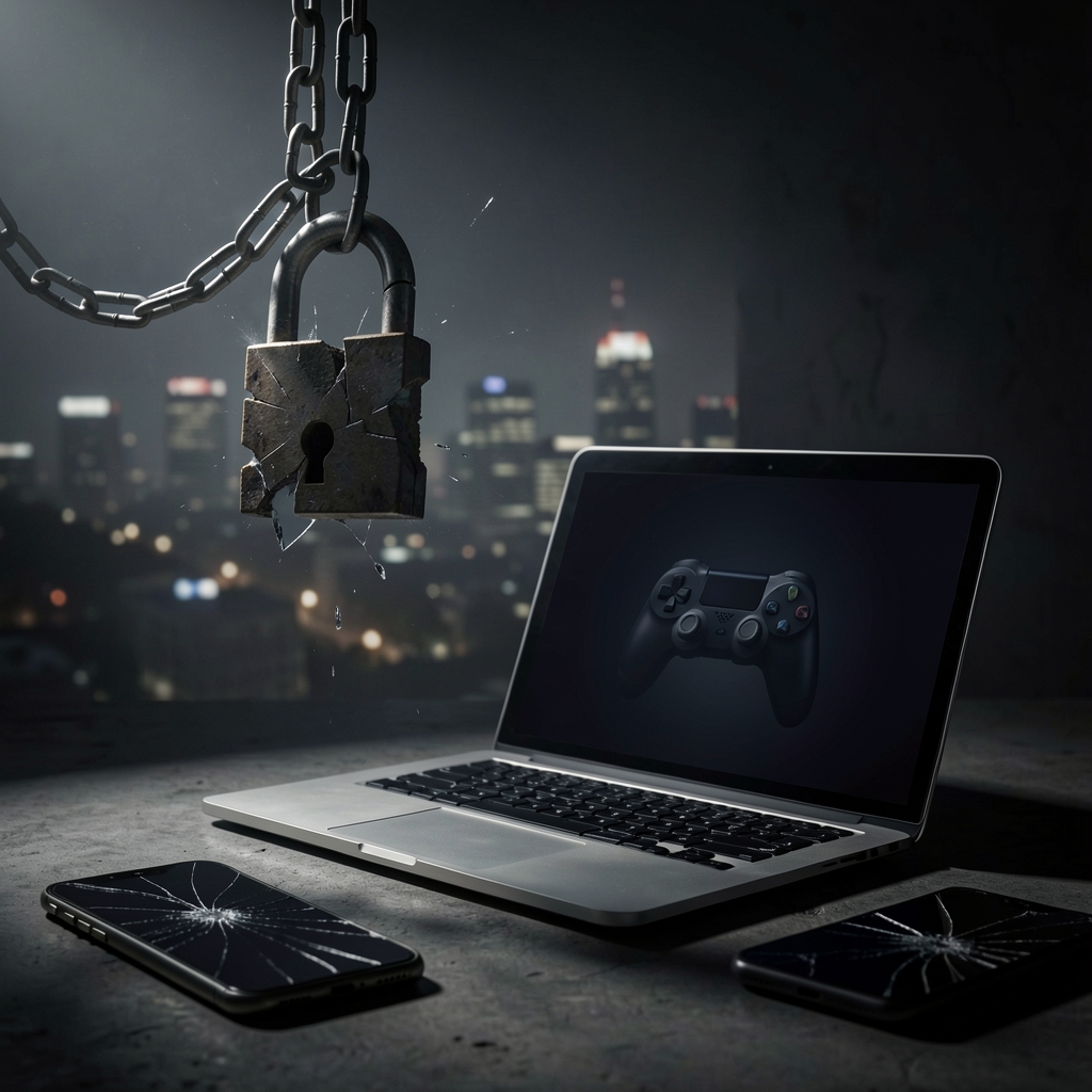 Shattered padlock and broken chain in front of cityscape with ominous laptop screen displaying game controller reflection.