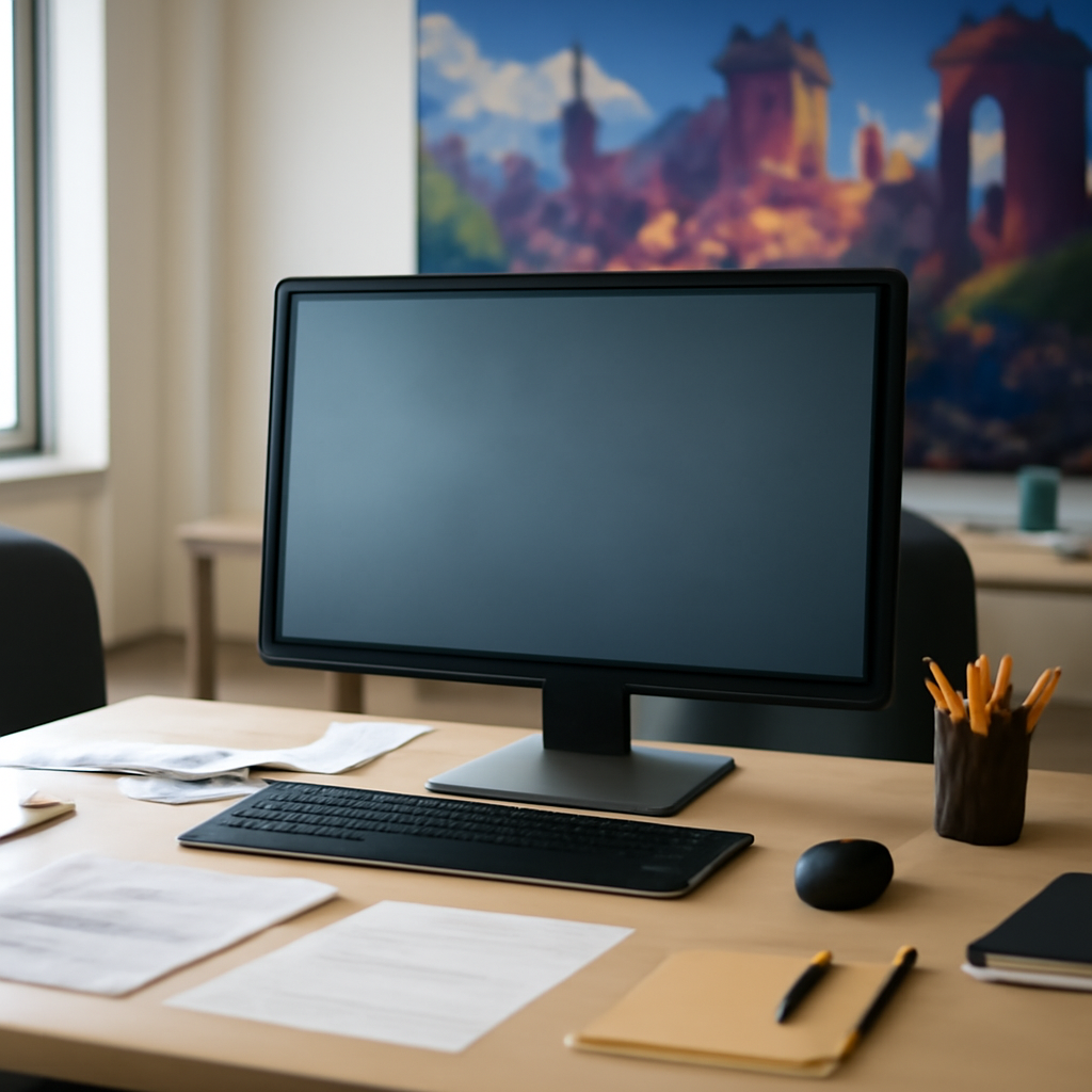 Empty office with computer and papers, blurred cityscape behind.