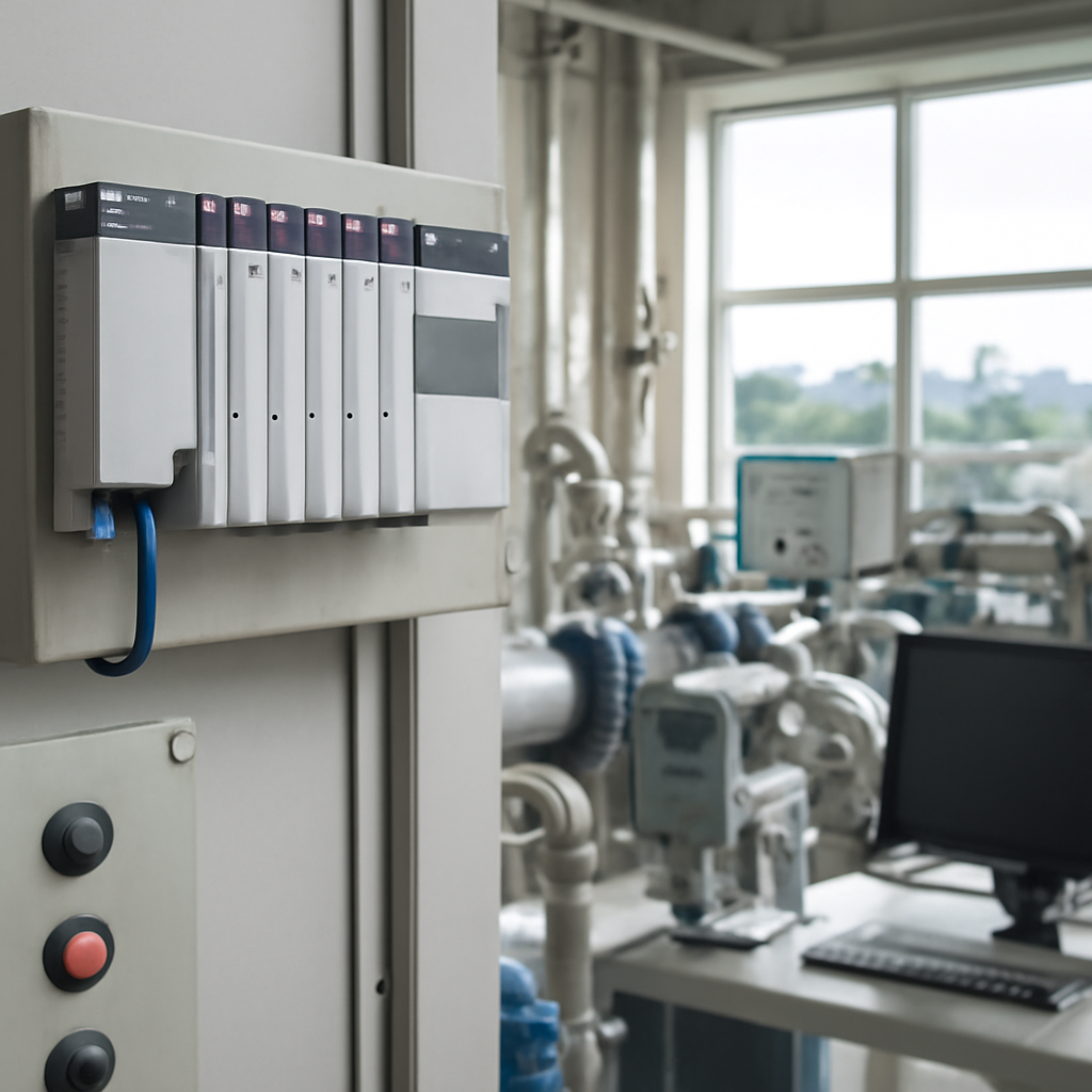 Industrial control room with Rockwell Automation PLC and equipment near a large window.