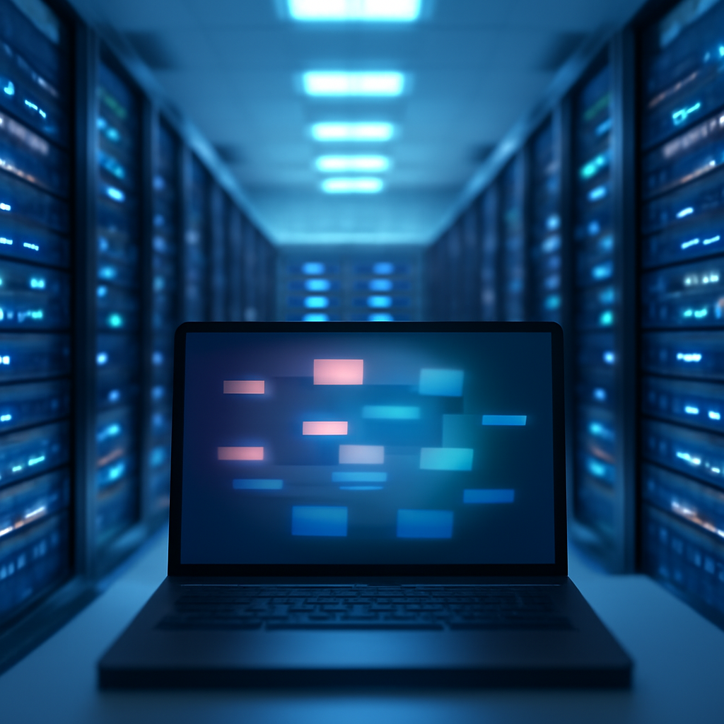 Server room with rows of computer servers and a blurred laptop in the foreground displaying a faint network diagram.