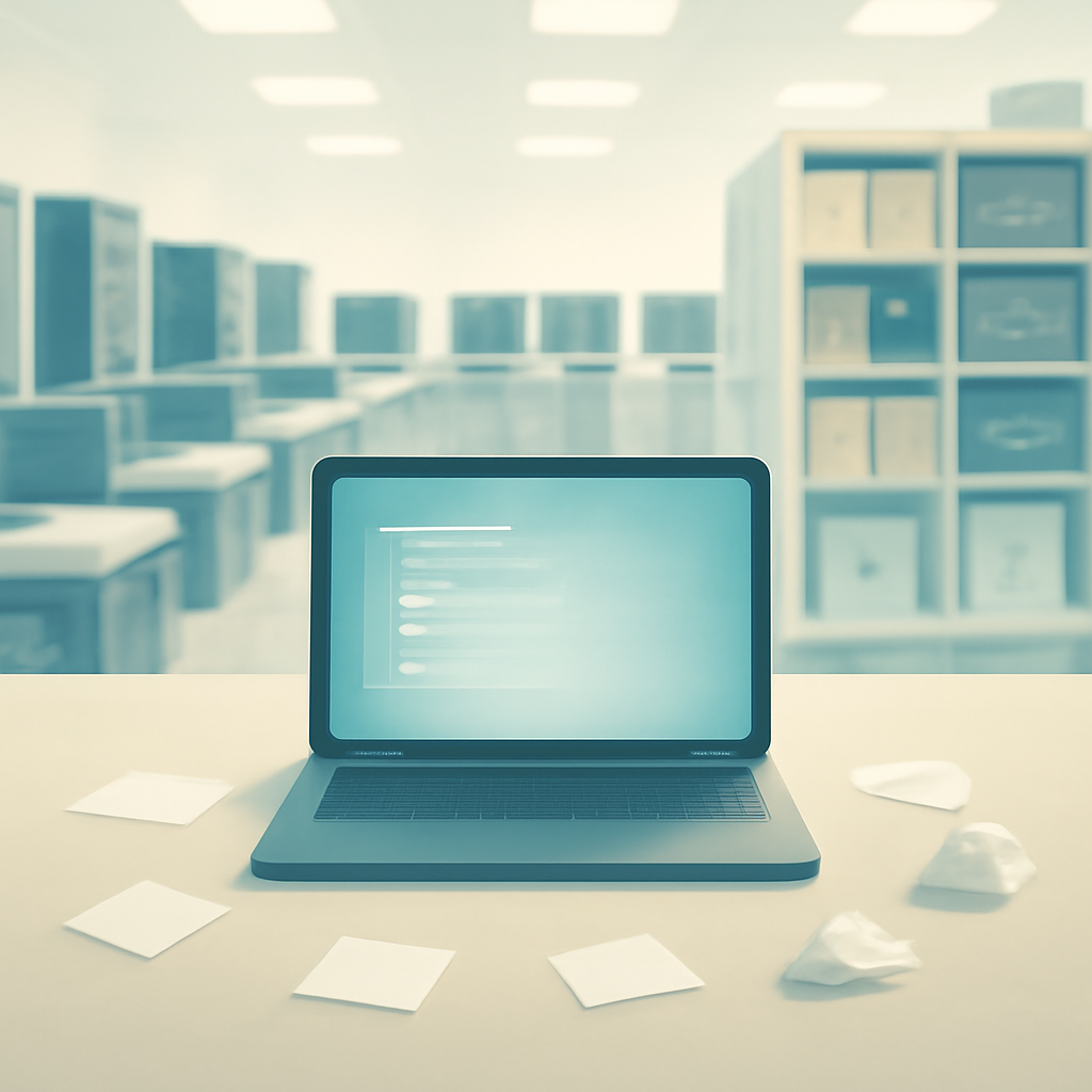 Software development workspace with a lone, abstracted workstation in the foreground.