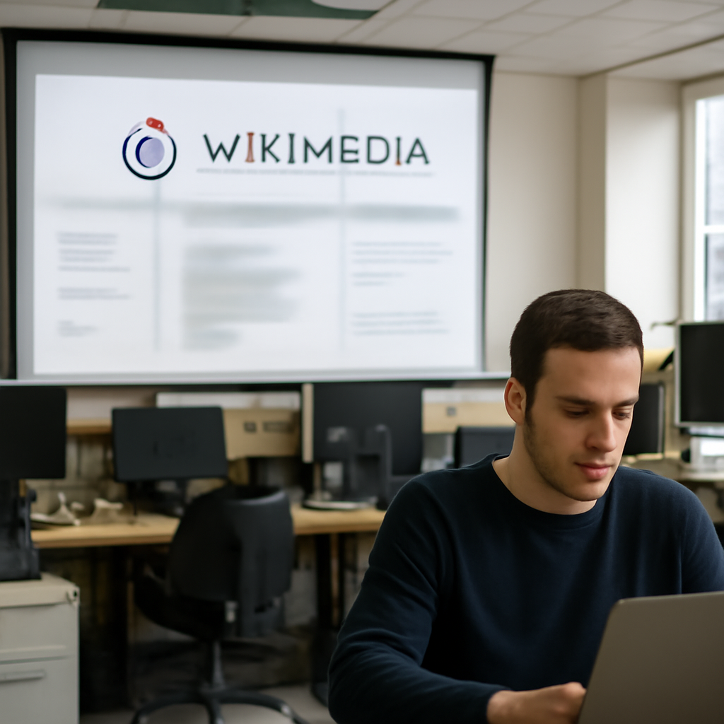 Brightly-lit office with computer workstations and a large screen displaying a Wikimedia platform.