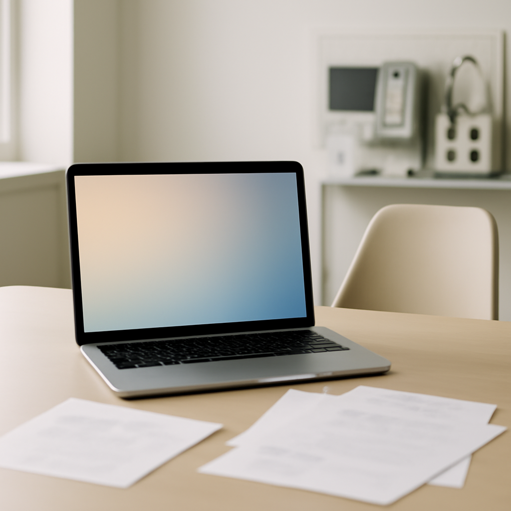 A minimalist computer workstation with a blank laptop screen and technical equipment in a clean room with natural daylight.