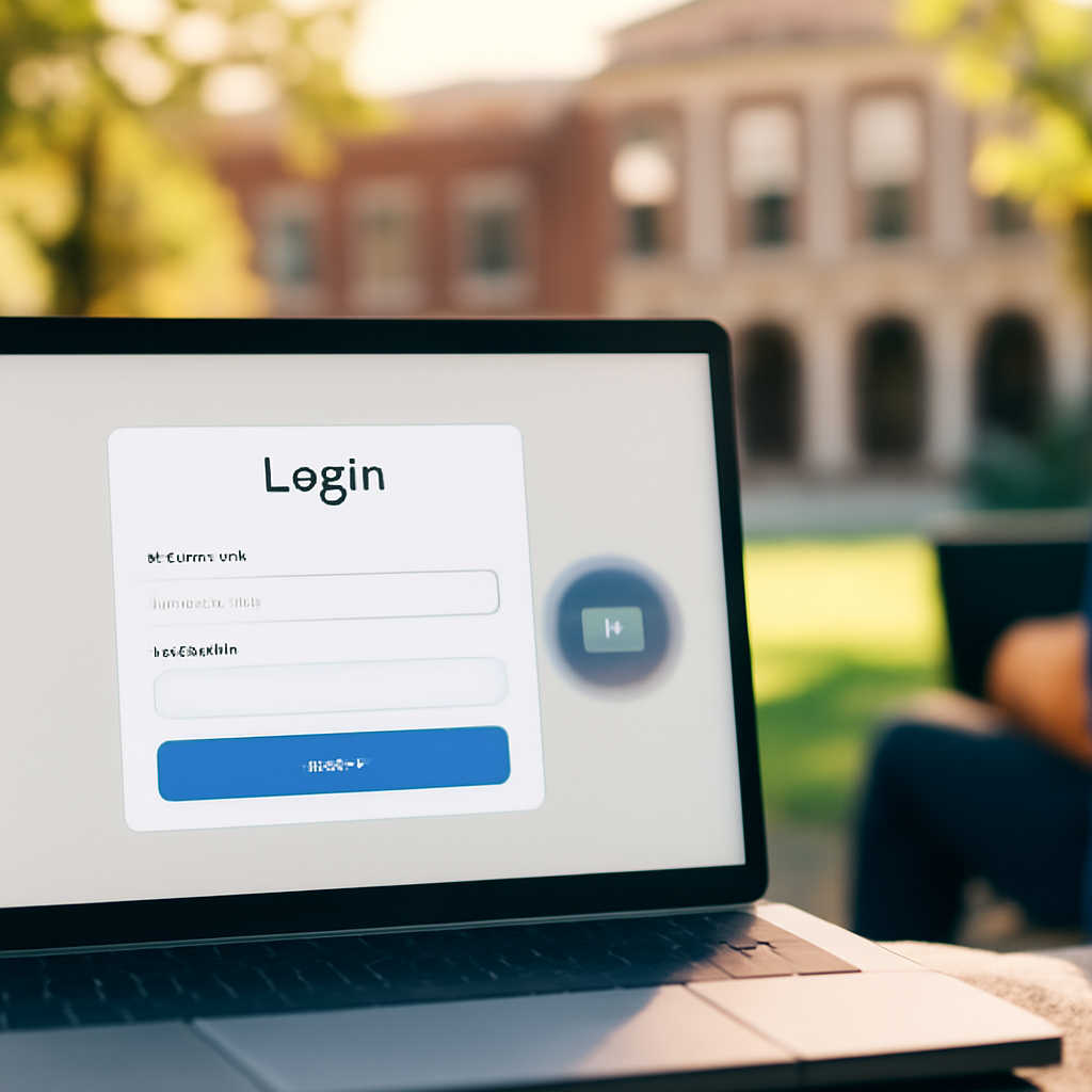 Laptop screen shows login page with blurred university background and person working in foreground.