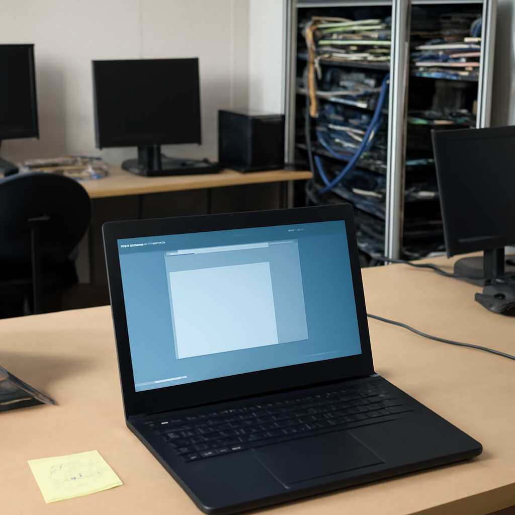 Technical workspace with computer workstations and network equipment, one laptop showing a remote desktop interface.