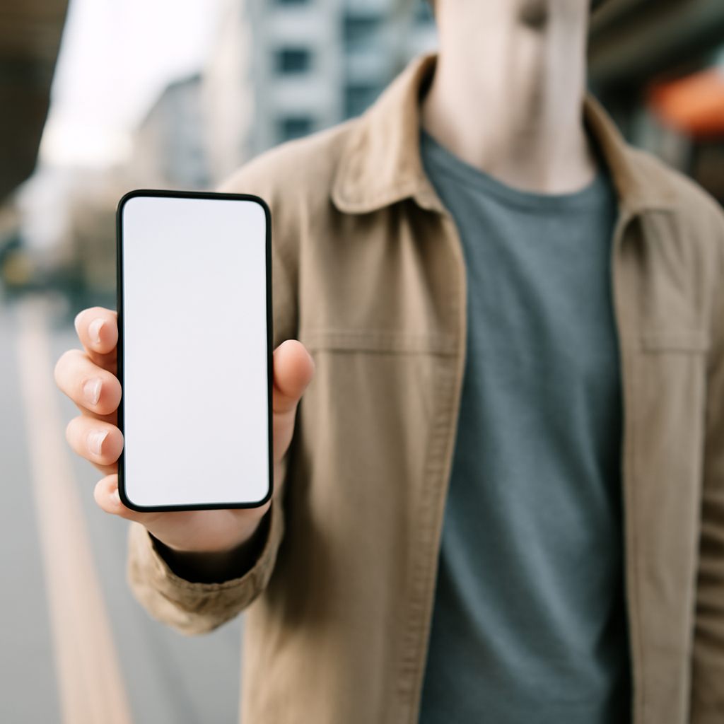 Person holding smartphone with blank screen in public setting.
