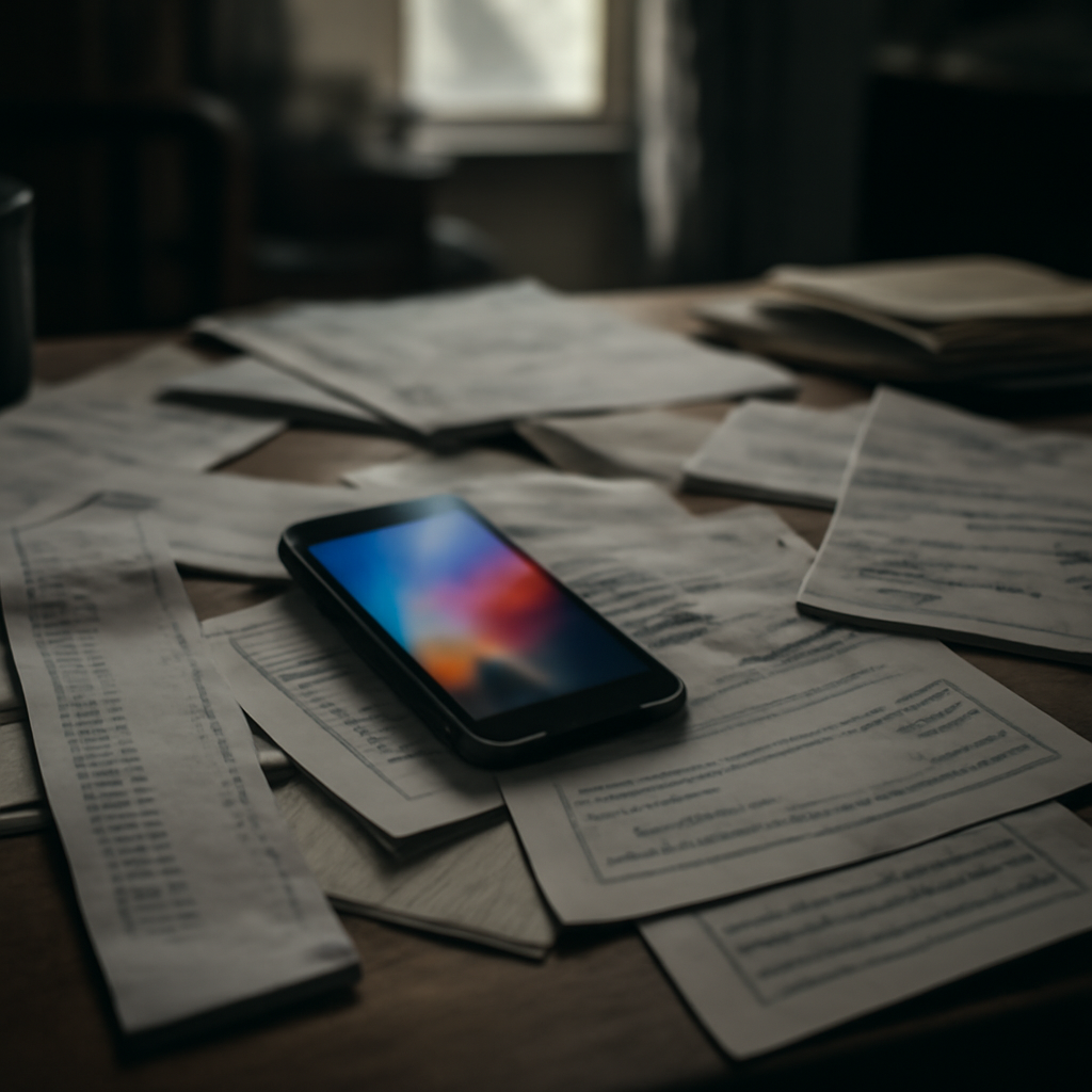Smartphone on cluttered table with blurred screen, surrounded by scattered financial papers.