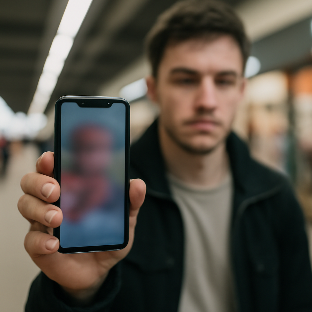 Person holds smartphone with blurred screen in a public area, expression neutral.