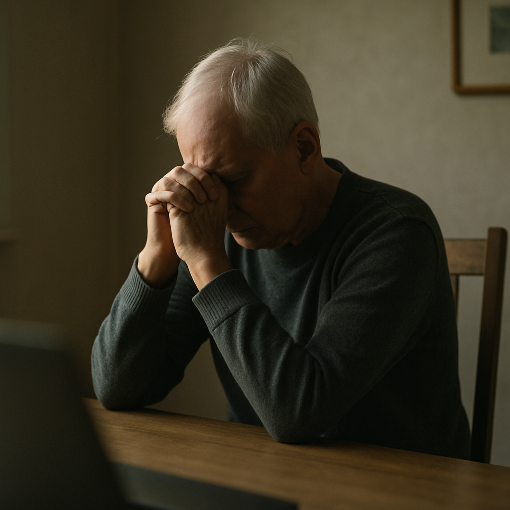 Older adult sits alone in quiet room, conveying vulnerability.