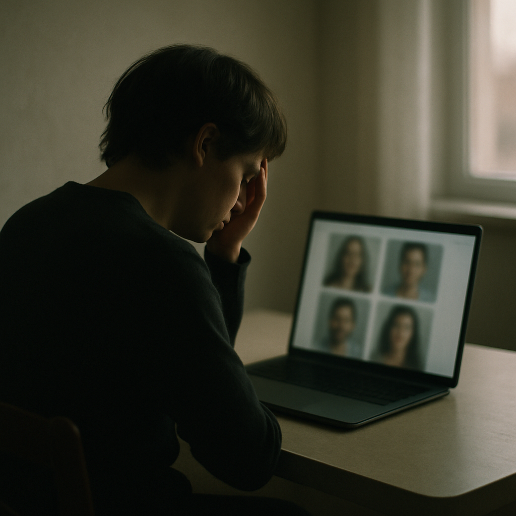 Person sits alone in dimly lit room, surrounded by blurred dating profiles on laptop screen, conveying sadness and isolation.