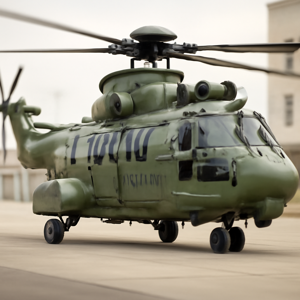 Romanian military helicopter, an Airbus H225M, on a base with blurred background.