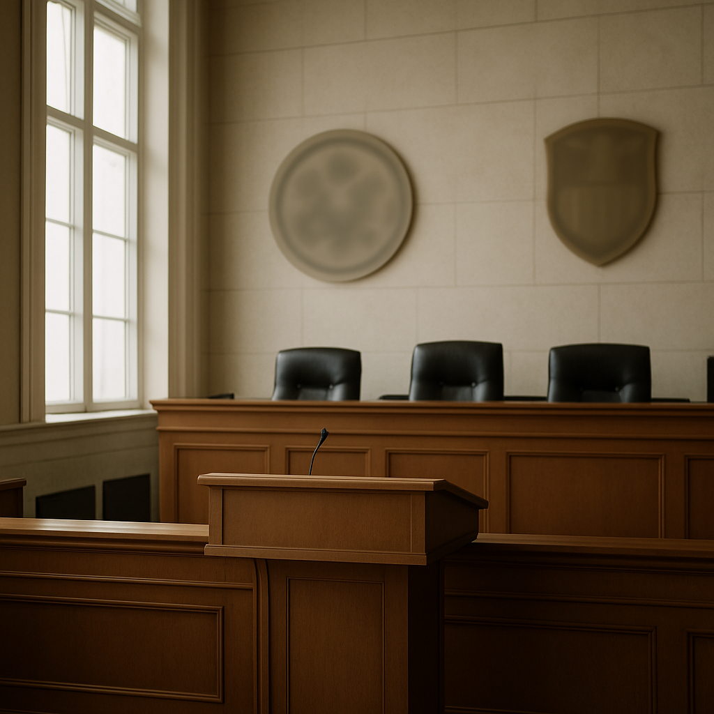 Formal courtroom or government interior with daylight through tall windows and abstract agency emblems.