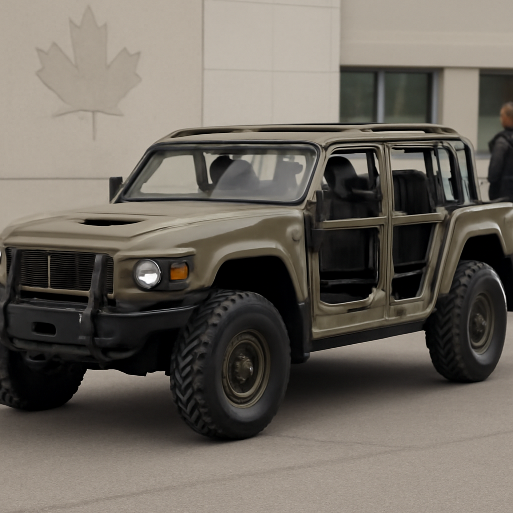 A Light Utility Vehicle parked on a paved surface in front of an industrial building with a subtle Canadian flag motif.