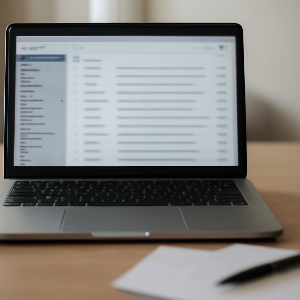 Laptop screen displays webmail interface in office setting with papers and pen nearby.