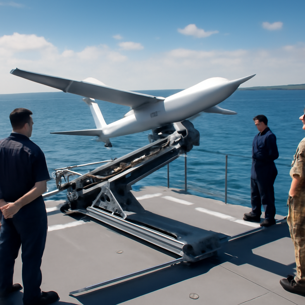 Royal Navy personnel stand near a kamikaze drone on a catapult launcher on a naval ship at sea.