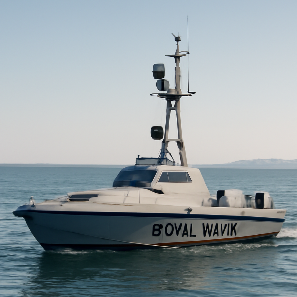 Royal Navy drone boat on calm waters with clear sky background.