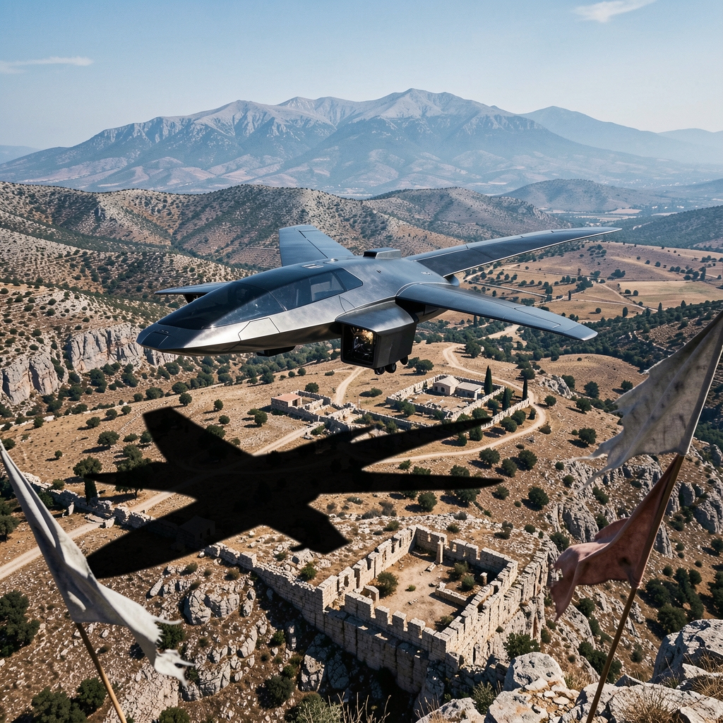 Futuristic stealth drone flies low over ancient Greek landscape, casting ominous shadow.
