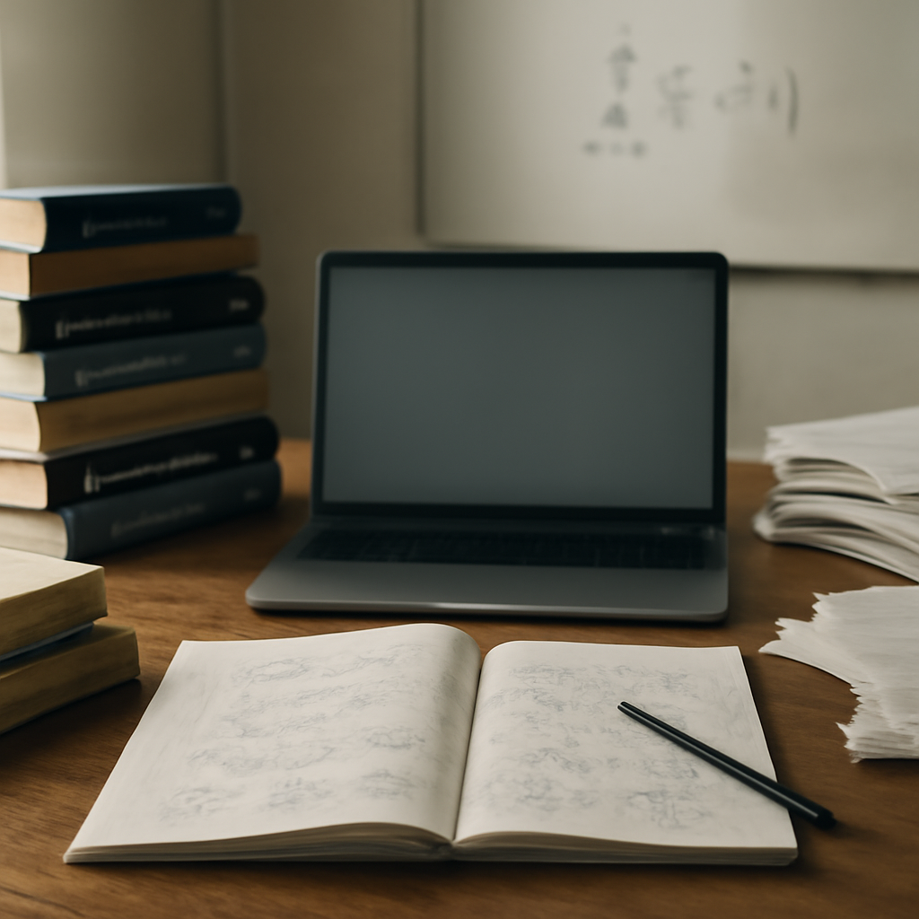 Mathematician's workspace with laptop, notes, and technical books in natural daylight.