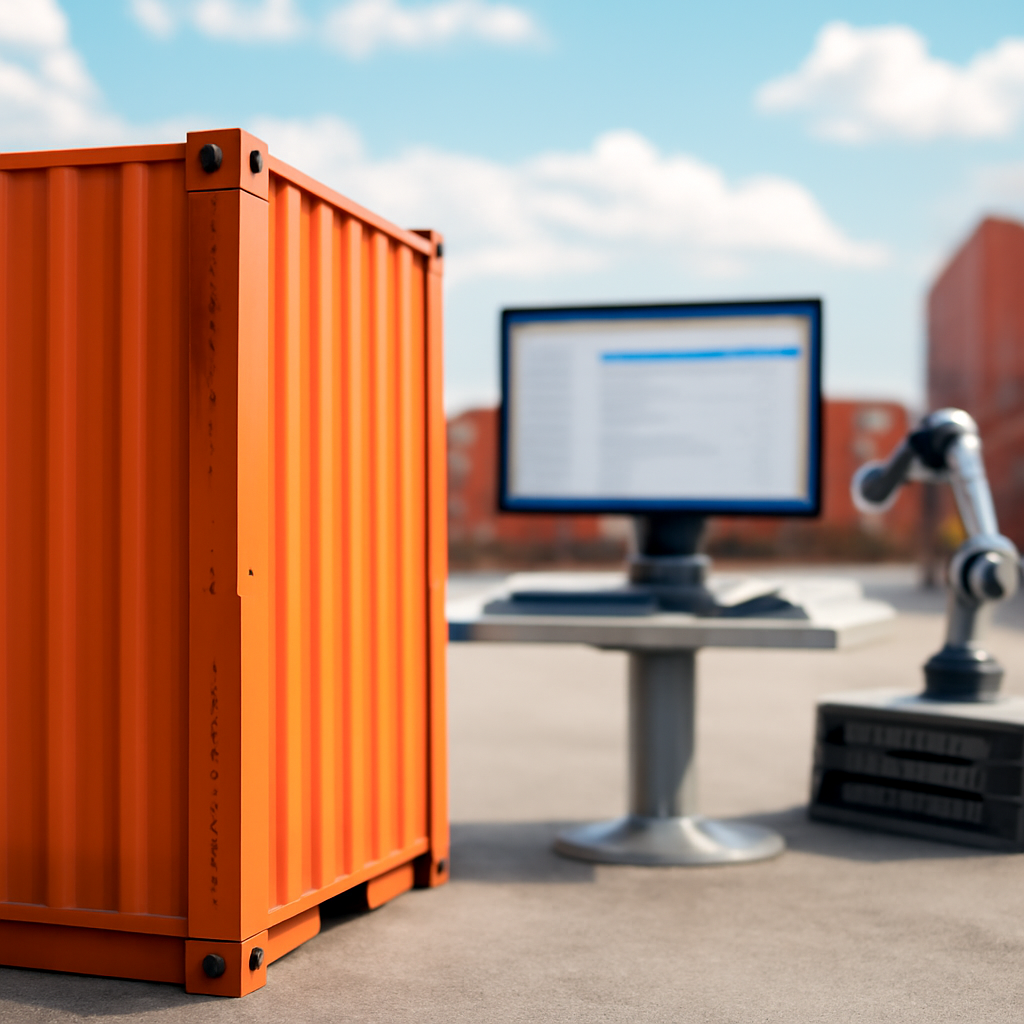 Shipping yard with container in foreground and blurred computer workstation in background.