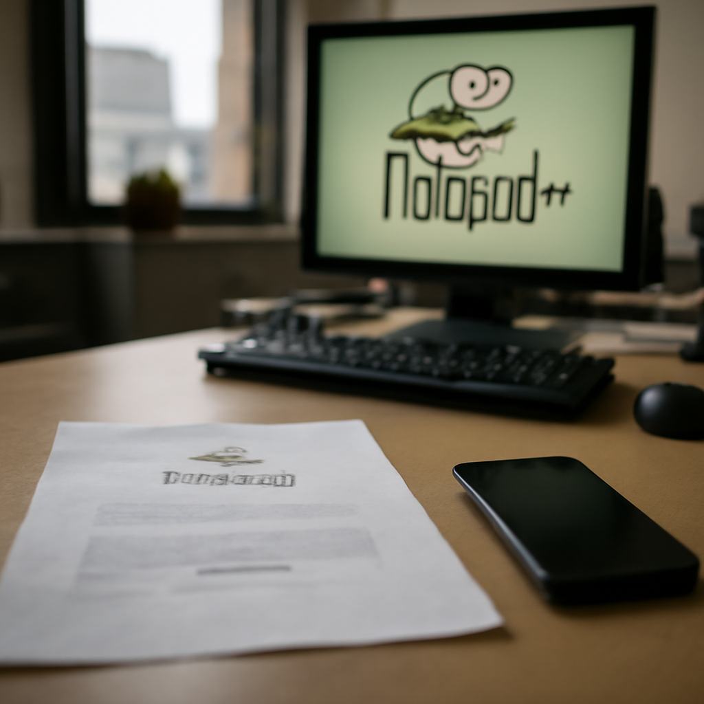 Malware-infected computer screen on office desk amidst Notepad++ software documents.
