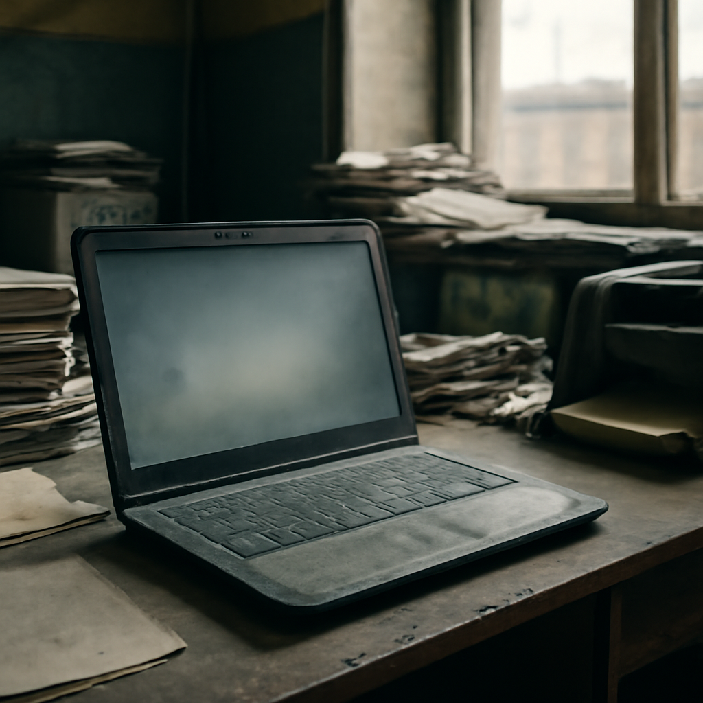 Worn computer workstation in a cluttered Ukrainian office with outdated software visible on the monitor.