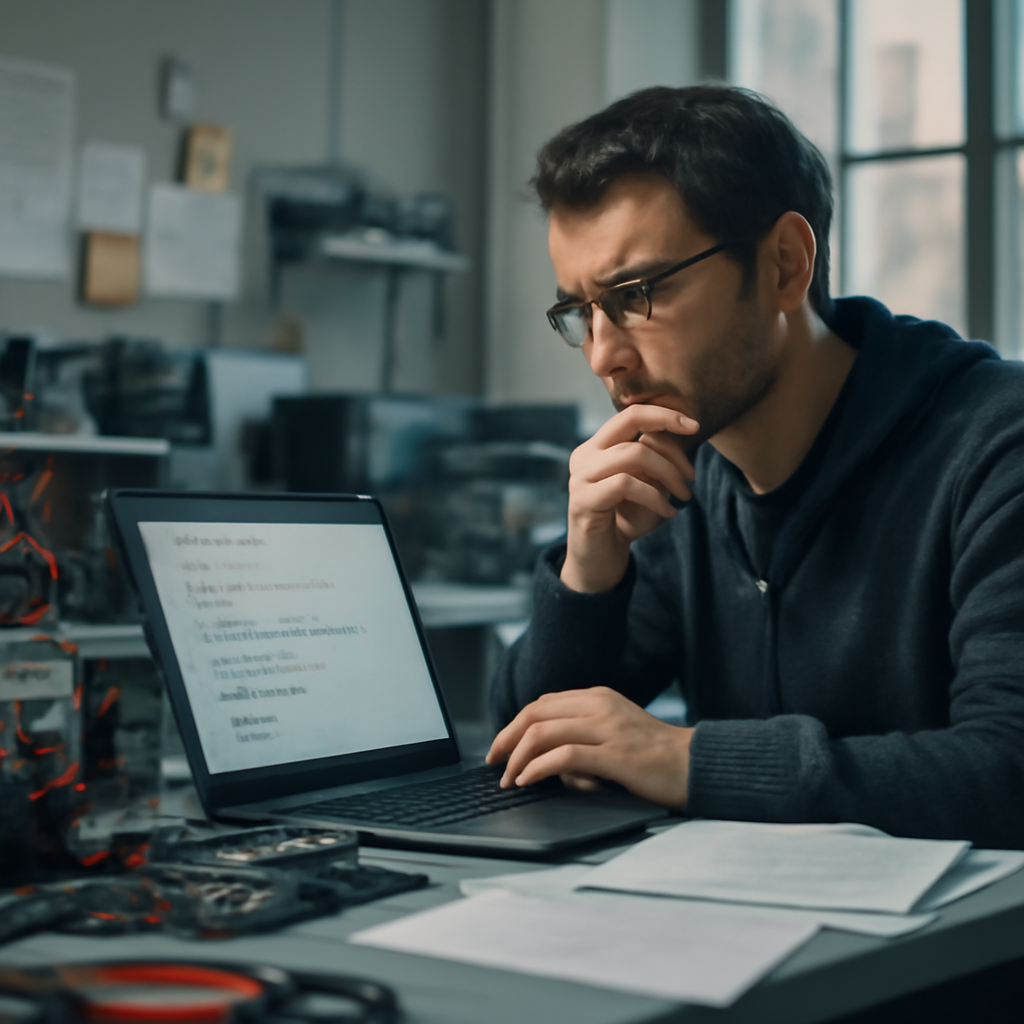 Security researcher examines code on laptop amidst cluttered workspace.