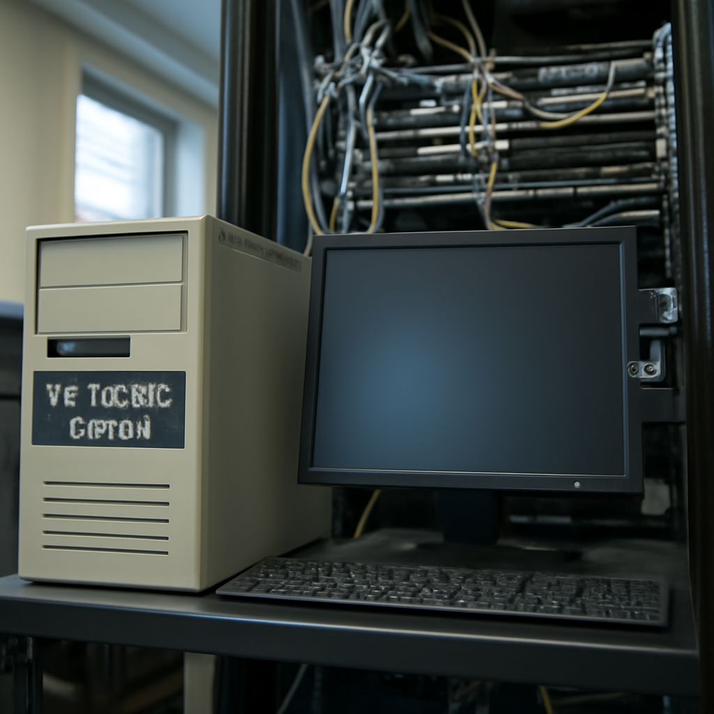 Server room with computer equipment, cables, and rack in a government or corporate office setting.